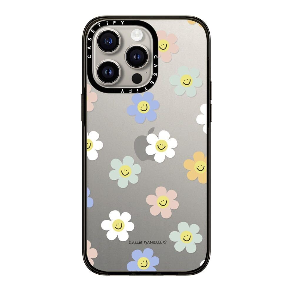 Casetify Compact Case For Iphone 15 Pro Max [2X Military Grade Drop Tested / 4Ft Drop Protection]   Happy Daisies   Clear Black