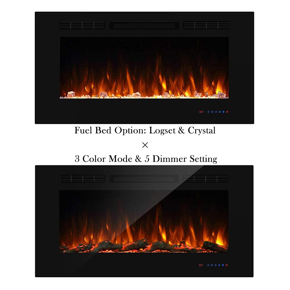Masarflame 36 Recessed Electric Fireplace Insert, 5 Flame Settings, Log Set Or Crystal Options, Temperature Control By Touch Pan