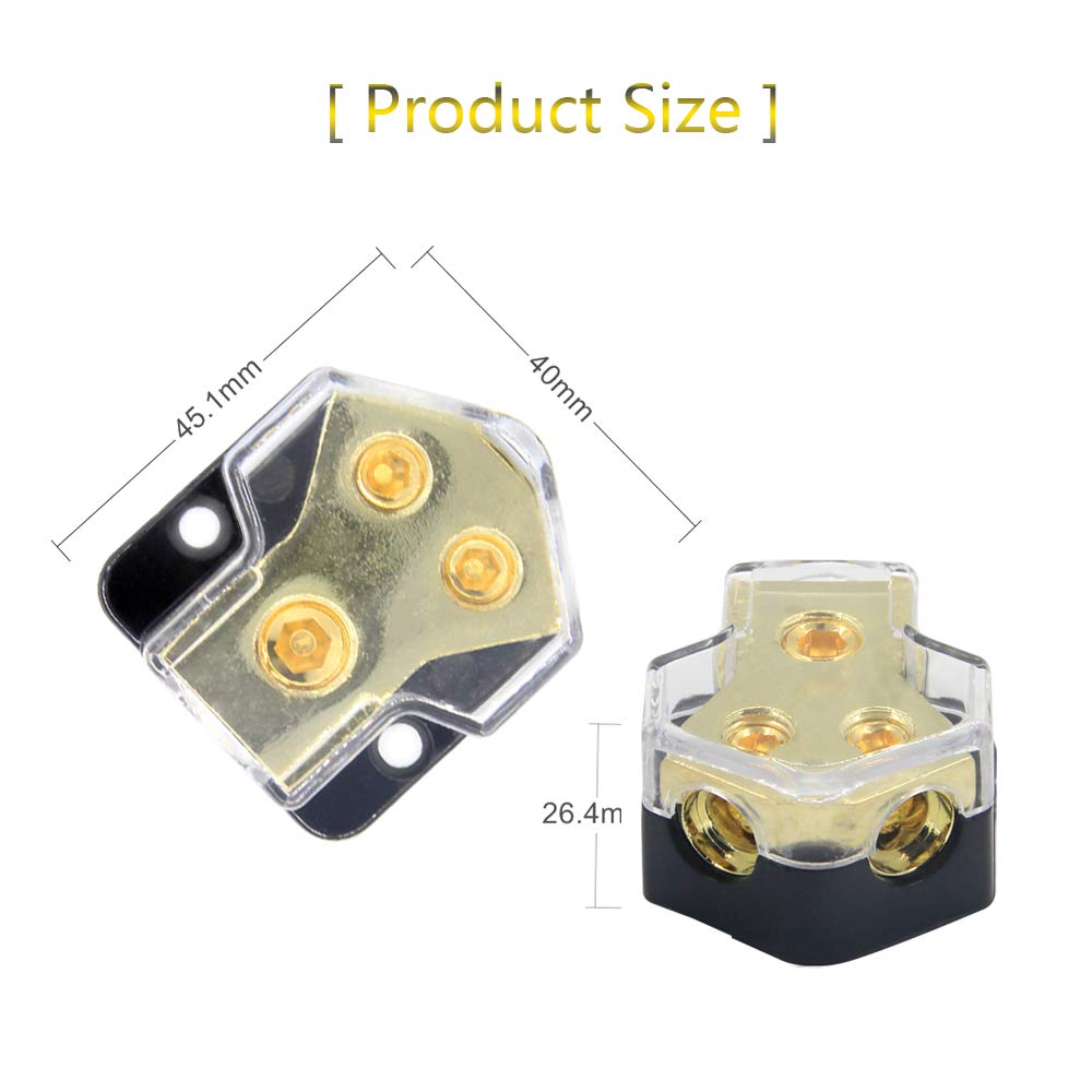 Rkurck 2 Way Power Distribution Block, 0/2/4 Awg Gauge In, 4/8/10 Gauge Out, Car Audio Stereo Amp Distribution Connecting Block