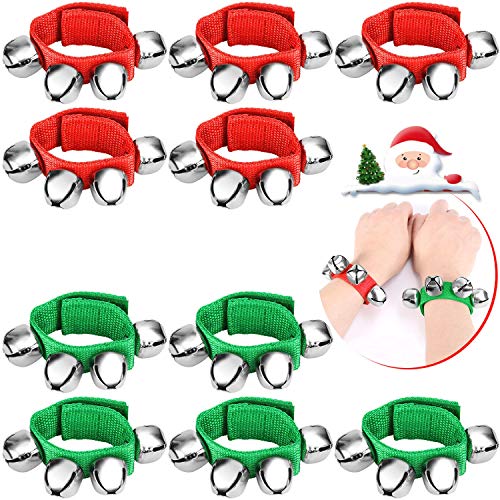 Augshy 10Pcs Christmas Wrist Band Jingle Bells, Musical Instruments For Christmas Party Favors (Red And Green)