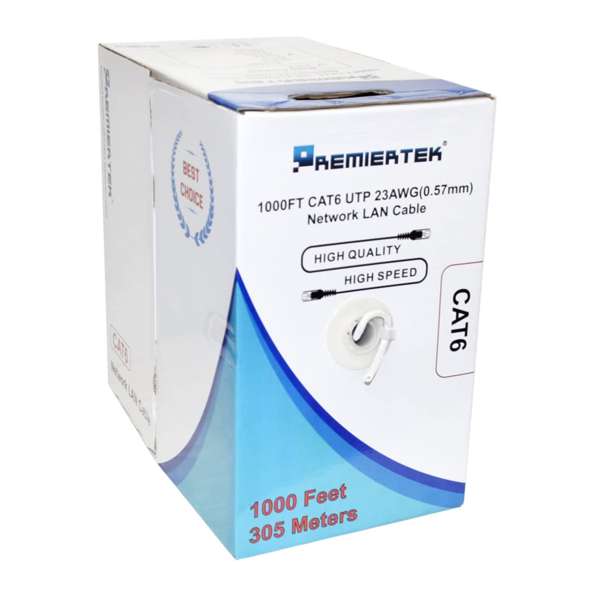 Premiertek Cat6 Ethernet LAN Cable, 1000ft, 23AWG UTP, Solid, PVC, White, Model CAT6-CCA-1KFT-W