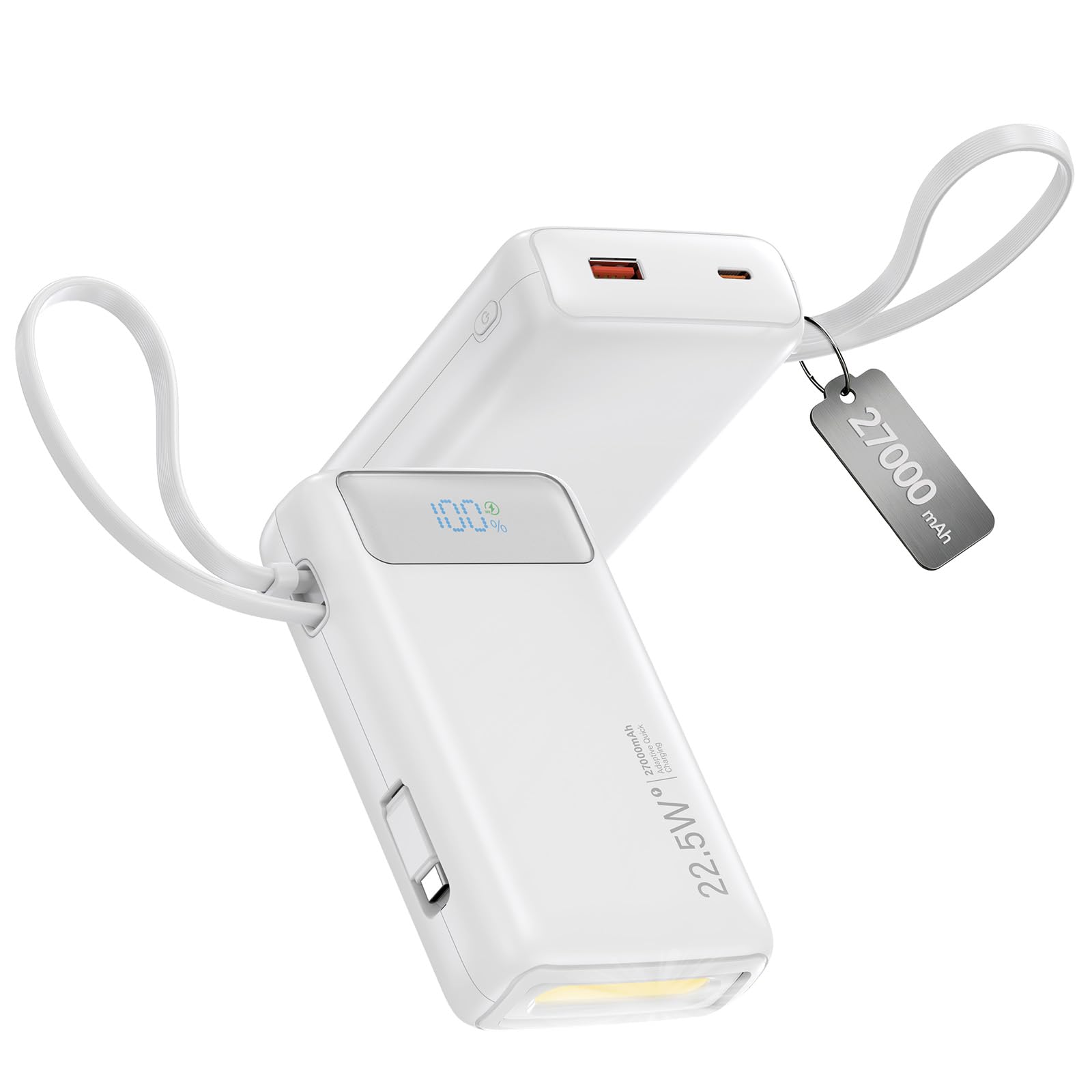 Nusyddy Portable Charger 27000mAh 22.5W w/Builtin Cable/LED Display White
