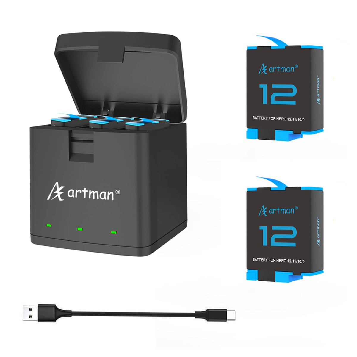 Artman Replacement Batteries 1800Mah (2-Pack) For Gopro Hero 12, Hero 11, Hero 10, Hero 9 Black And 3-Channel Quick Charger, Ful