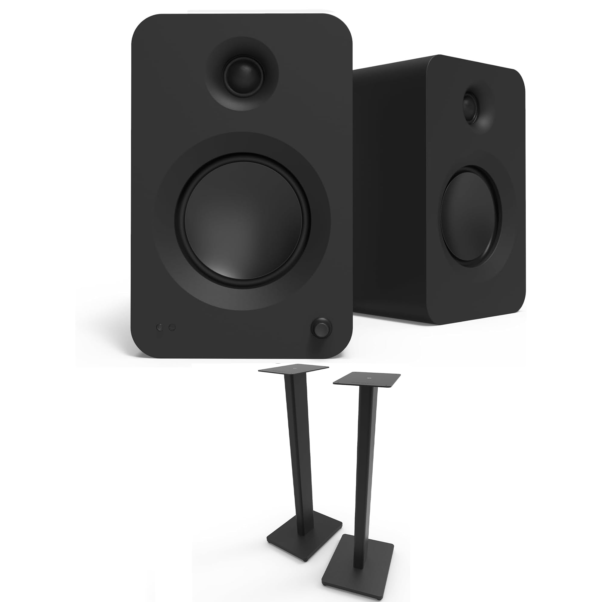 Kanto REN MB Bluetooth Powered Bookshelf Speakers - Matte Black Pair ST28 28 Floor Speaker Pair of Stands with Black MDF Base (2