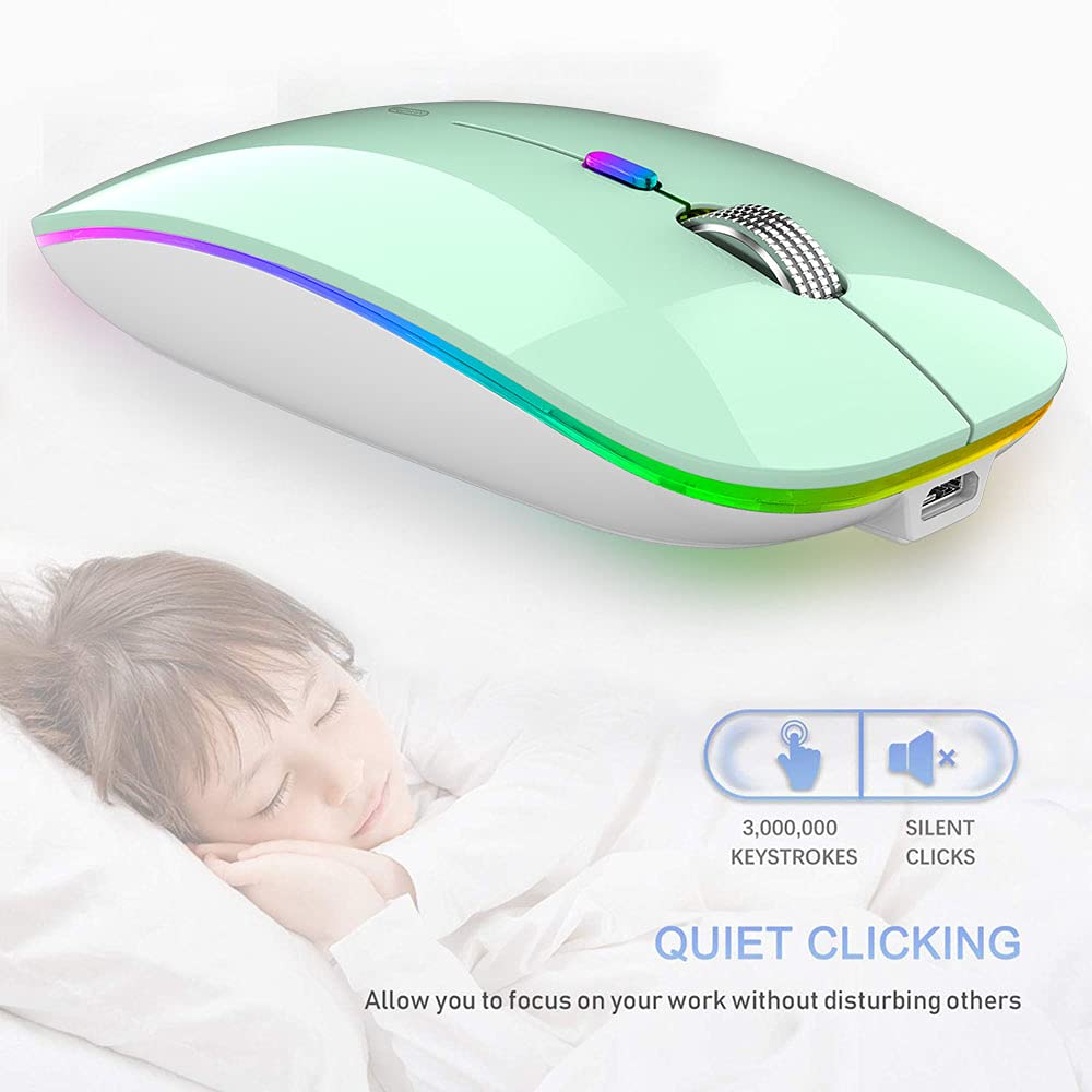 Tenmos Wireless Bluetooth Mouse, Led Slim Dual Mode (Bluetooth 5.1 + Usb) 2.4Ghz Rechargeable Silent Bluetooth Wireless Mouse For Laptop/Macbook/Ipad Os 13 And Above (Mint Green)