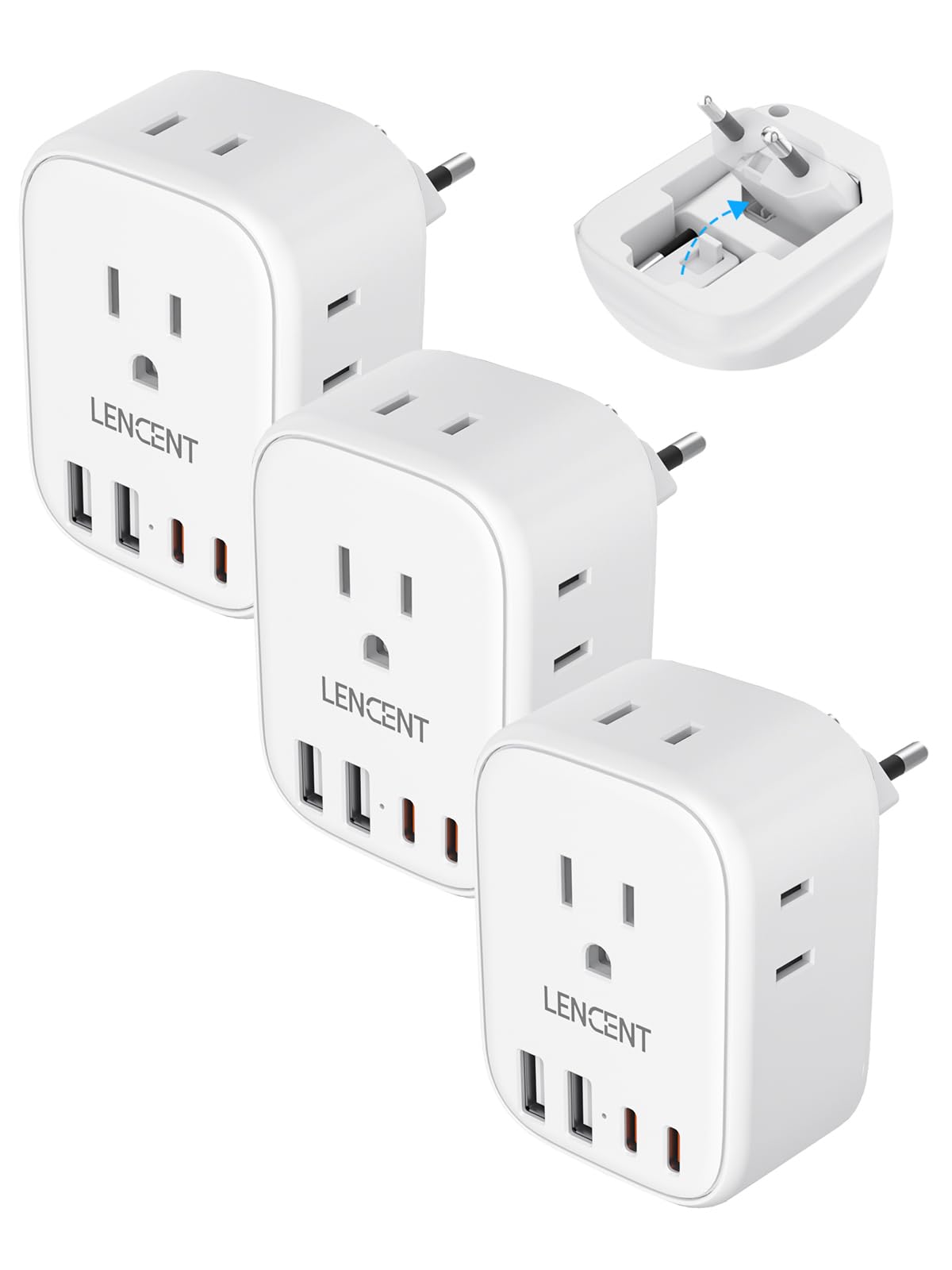 Lencent 3 Pack European Travel Plug Adapter, Euro Type C Foldable Power Plug With 4 Outlets, Usb C Charger Adaptor, Us To Most O