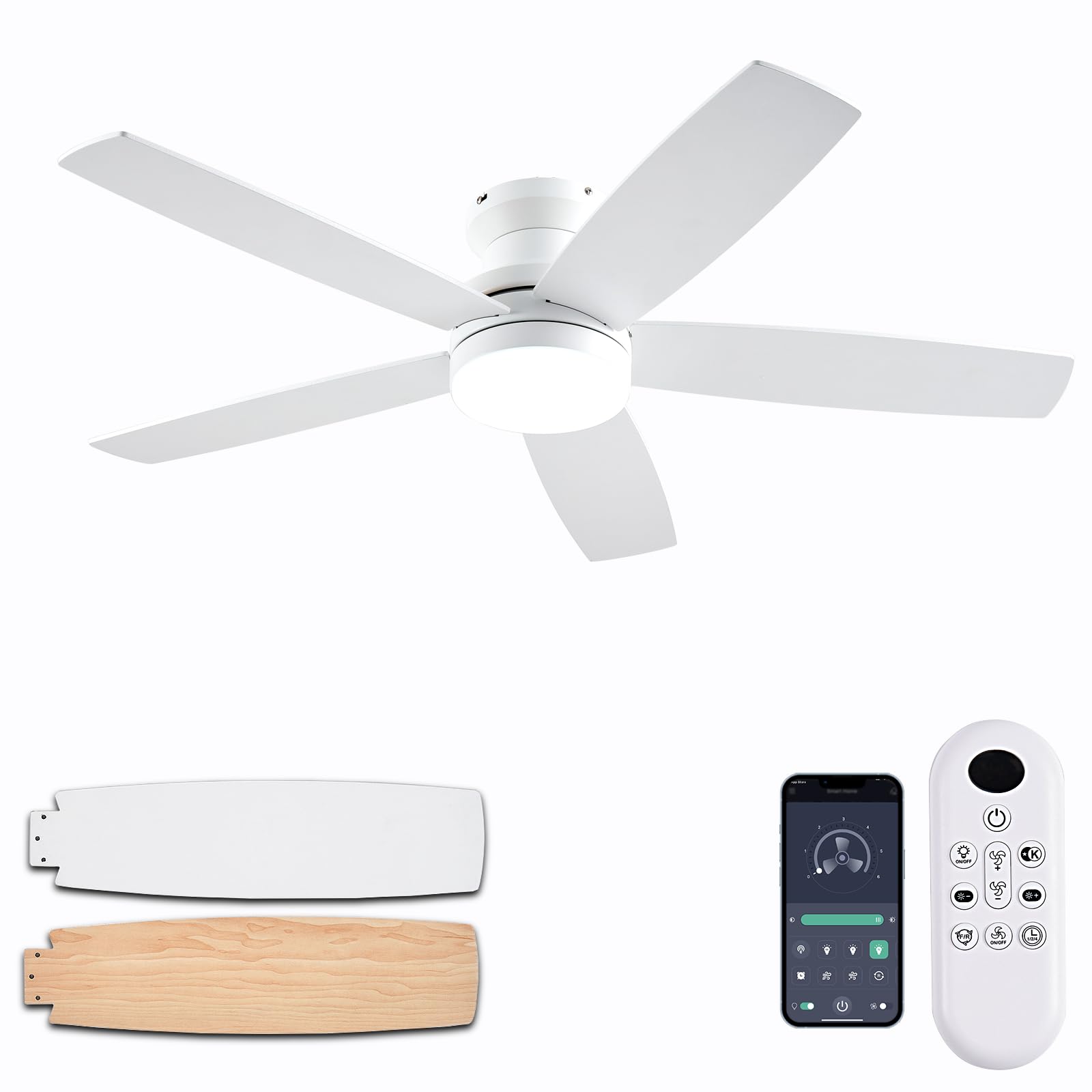 NKPU White Ceiling Fans with Lights, 48Inch Low Profile Ceiling Fan with Light and Remote/App Control, Flush Mount, Reversible, 