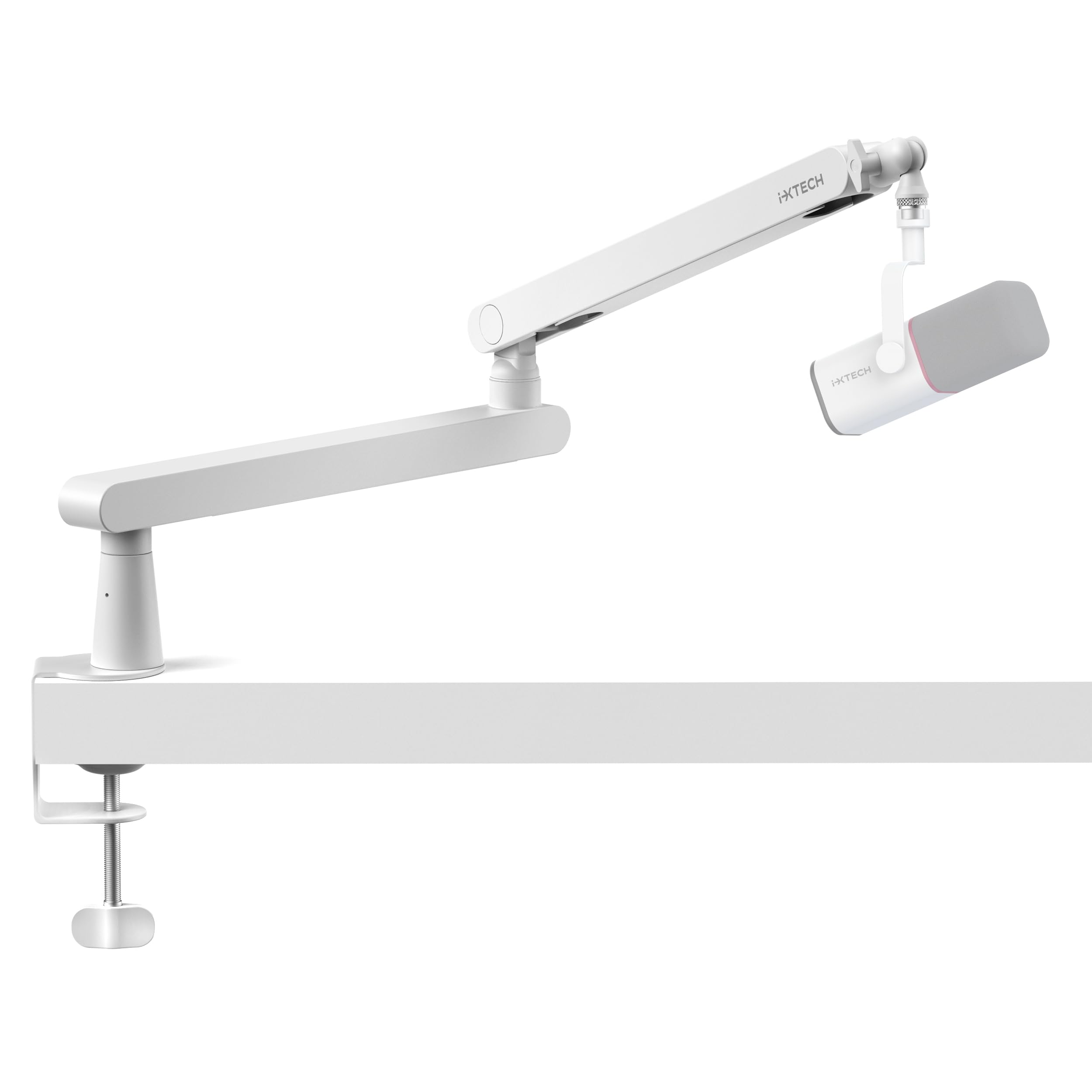 IXTECH White Microphone Boom Arm Stand Low Profile Boom Arm Adjustable Mic Stand with Built In Cable Management 360 Swivel Mic A
