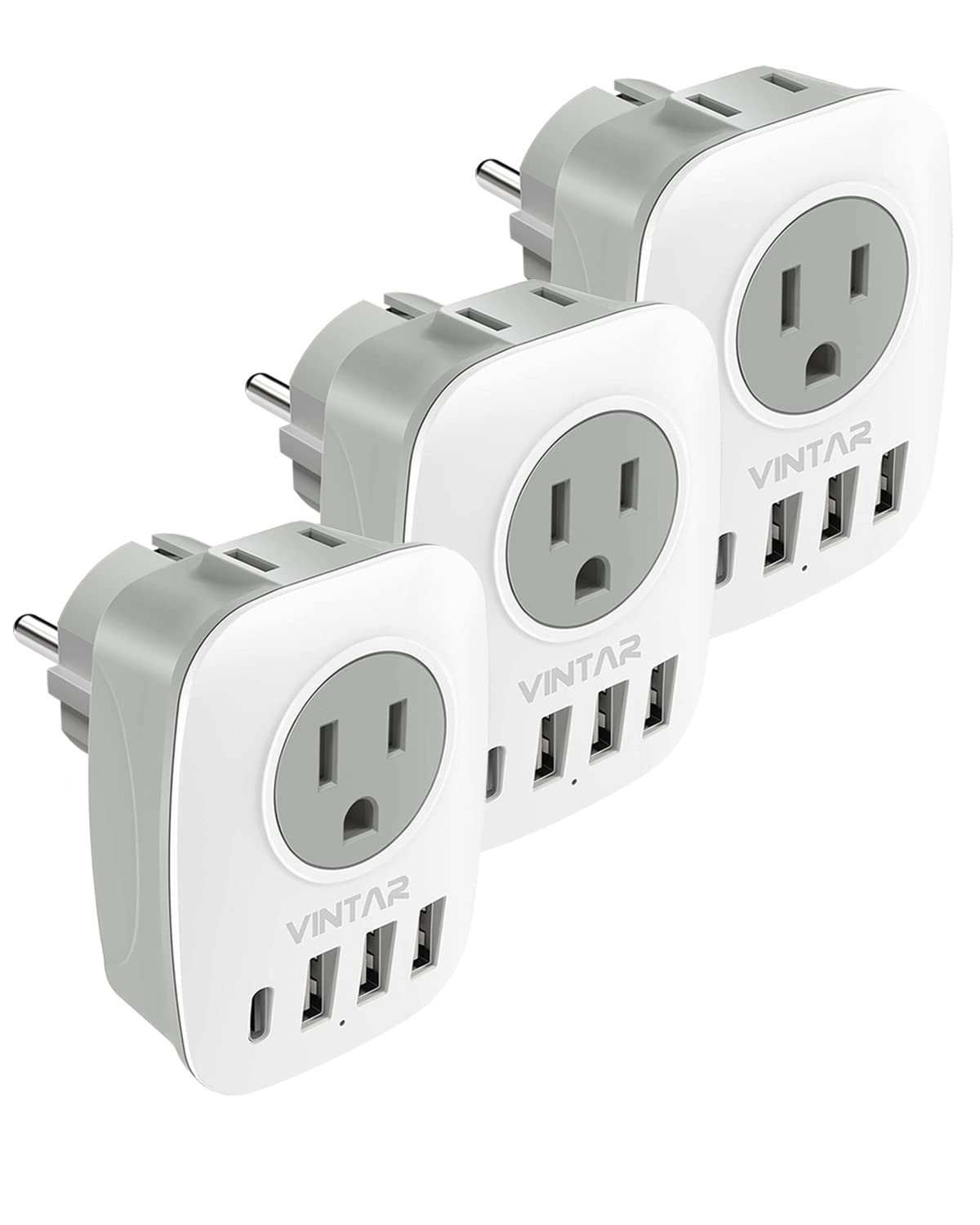 3 Pack Type E/F Plug Adapter, Vintar Schuko Germany France Adapter Plug,South Korea Outlet Adapter With 1 Usb C,3 Usb Ports And