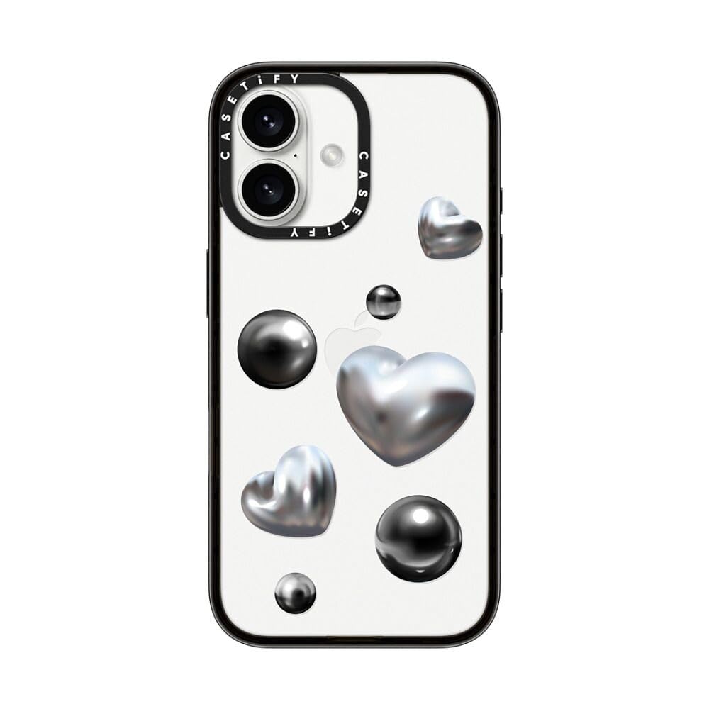 Casetify Compact Case For Iphone 16 [Lightweight / 4 Ft. 2X Military Grade Drop Protection/Slim]   Chrome Love   Clear Black
