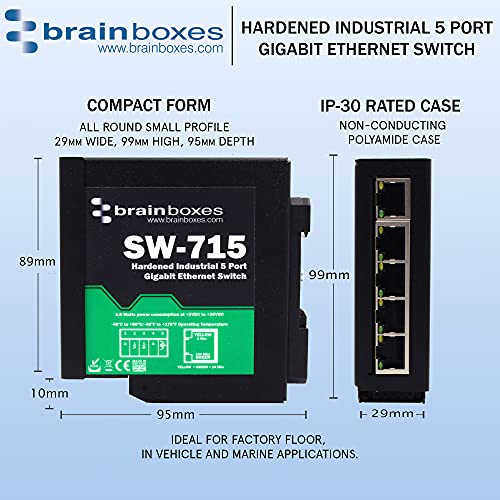 Brainboxes - Sw-715 - Brainboxes Hardened Industrial 5 Port Gigabit Ethernet Switch Din Rail Mountable - 5 Ports - Taa Compliant