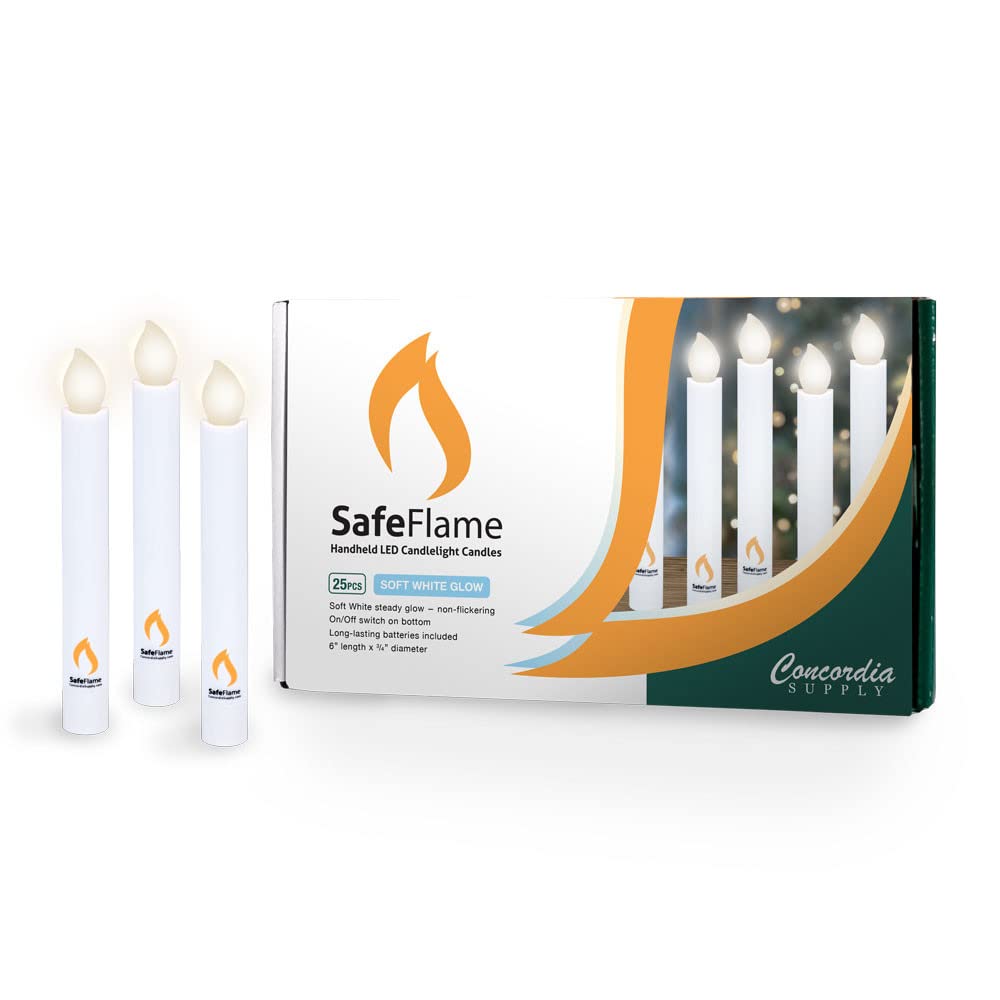 Concordia Supply Safeflame Led Candlesticks   6'' (25 Pack) Handheld Battery Operated Candles W/No Flickering Effect   Perfect F