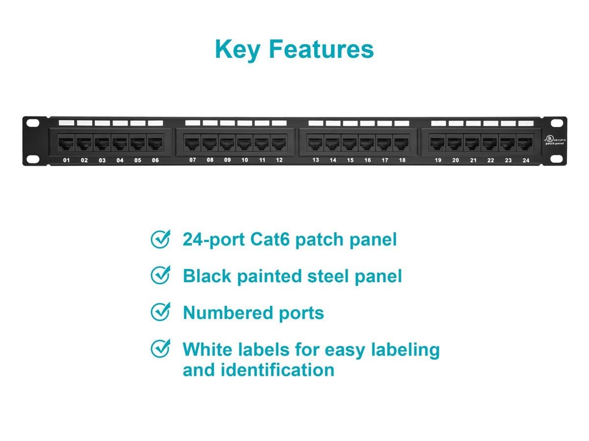 Monoprice 24-Port Cat6 Patch Panel 110-Type 568A/B Compatible 19-Inch 1U Black Steel Rackmount