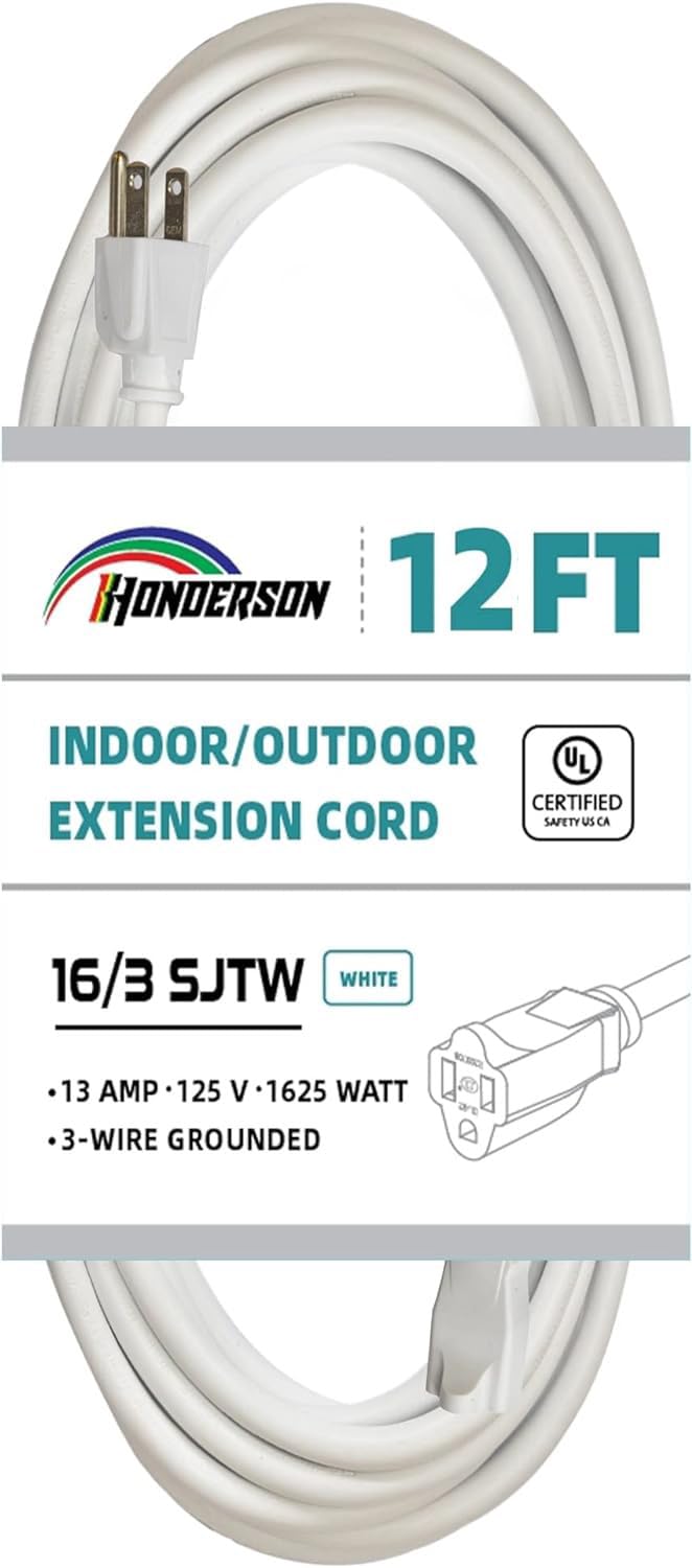Honderson Indoor Outdoor Extension Cord Weatherproof, Ul Listed, 16 Gauge 12Ft White 3 Prong Heavy Duty, 16/3 Sjtw 13A Power Cor