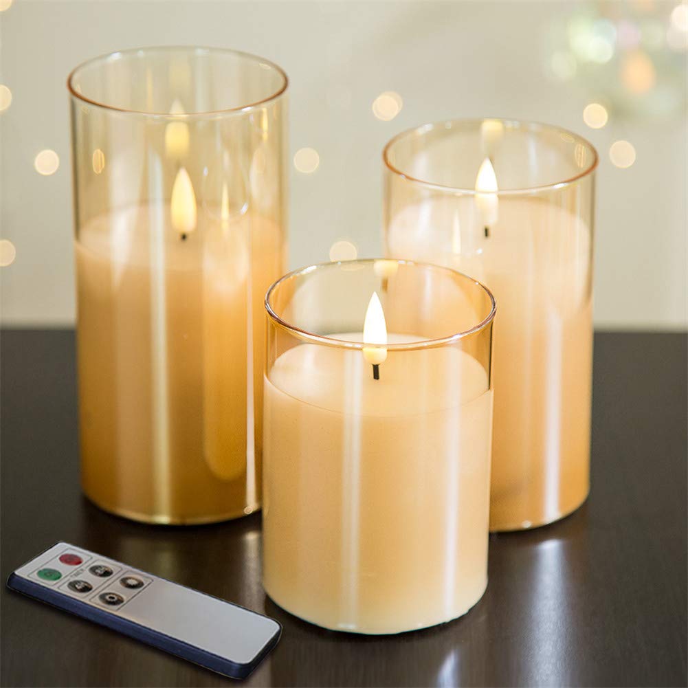Eywamage Gold Glass Flameless Pillar Candles With Remote, Flickering Battery Led Wax Candles Set Of 3