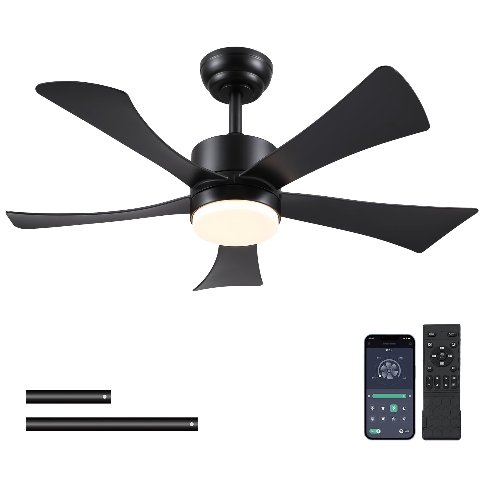 42 Inch Ceiling Fans With Lights, Modern Black Ceiling Fan With Remote Control App, Dc Motor Quiet, 3Cct Dimmable Memory, Led Sl