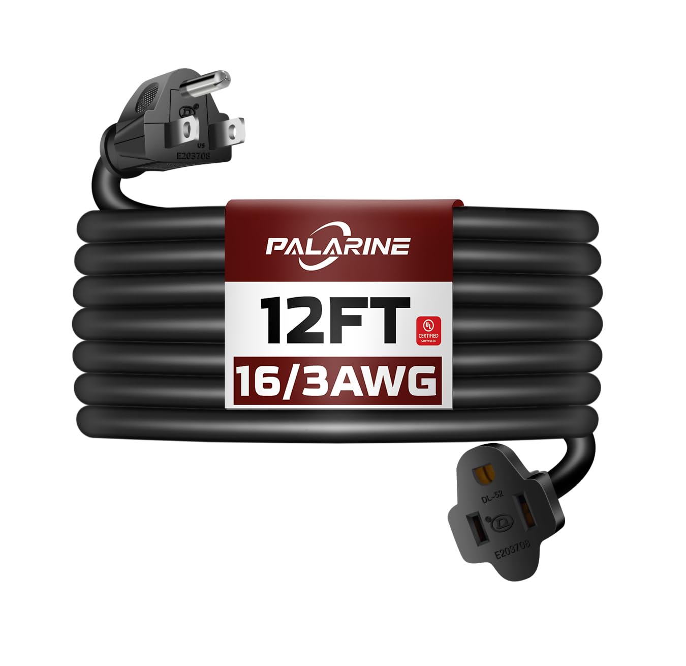 Palarine 12Ft Black Outdoor Extension Cord Waterproof, Ul Listed, 16/3 Sjtw Heavy Duty 3 Prong, 16 Gauge 13A Power Cord Ideal Fo