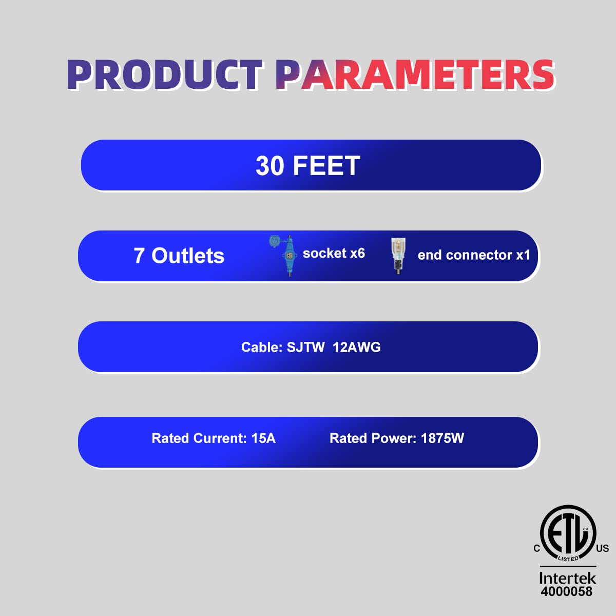 30 Feet Multi Outlet Extension Cord 12 Gauge,7 Nema 5 15R Evenly Spaced Outlets With Blue Indicators,Male Plug To Female Connect