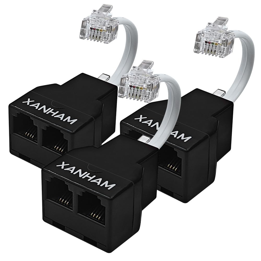 Xanham Telephone Cable 2 Way Splitter(3 Pack) Rj11 6P4C Phone Line Cord Adapter With 3 Inch Cable For Landline Phone Wire, Black
