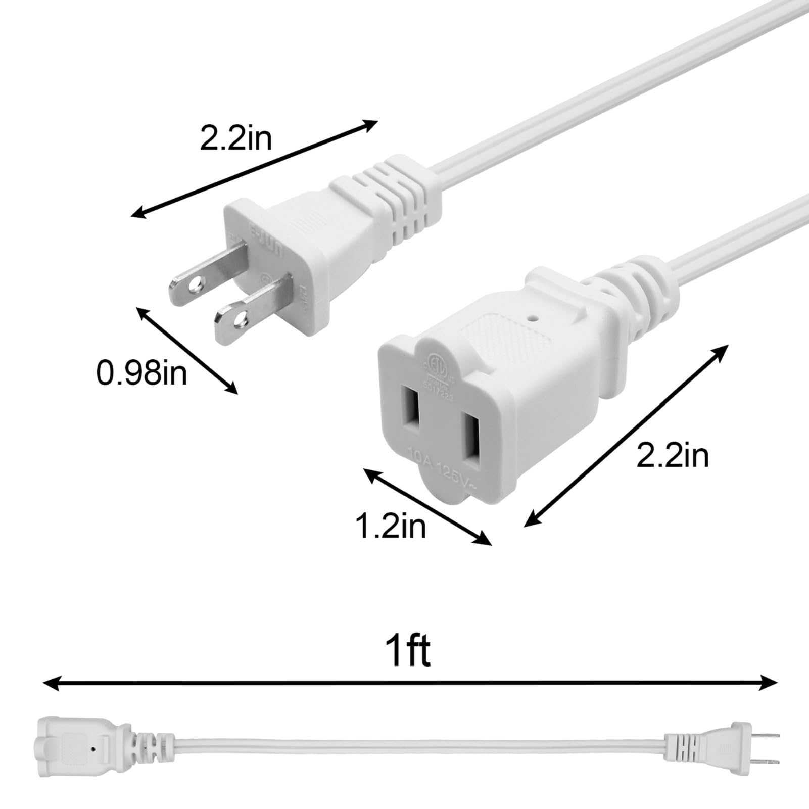 2 Prong Extension Cable 1 Ft,Flexible Small Power Cord 0.3M For Office Or Home,Us Male/Female White Power Cable For Nema 1 15P T