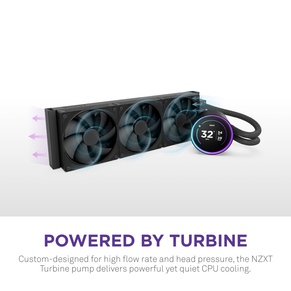 Nzxt Kraken Elite 360 2024   Aio Cpu Liquid Cooler   360Mm Radiator   3 X F120P Fans   Customizable 2.72'' Ips Lcd   Nzxt Turbin