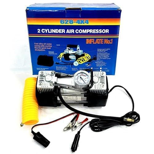 Dharmisho Heavy Duty 2Cylinder Car Air Compressor, 12V Dc, Portable Tyre Inflator With Pressure Gauge, Metal Construction