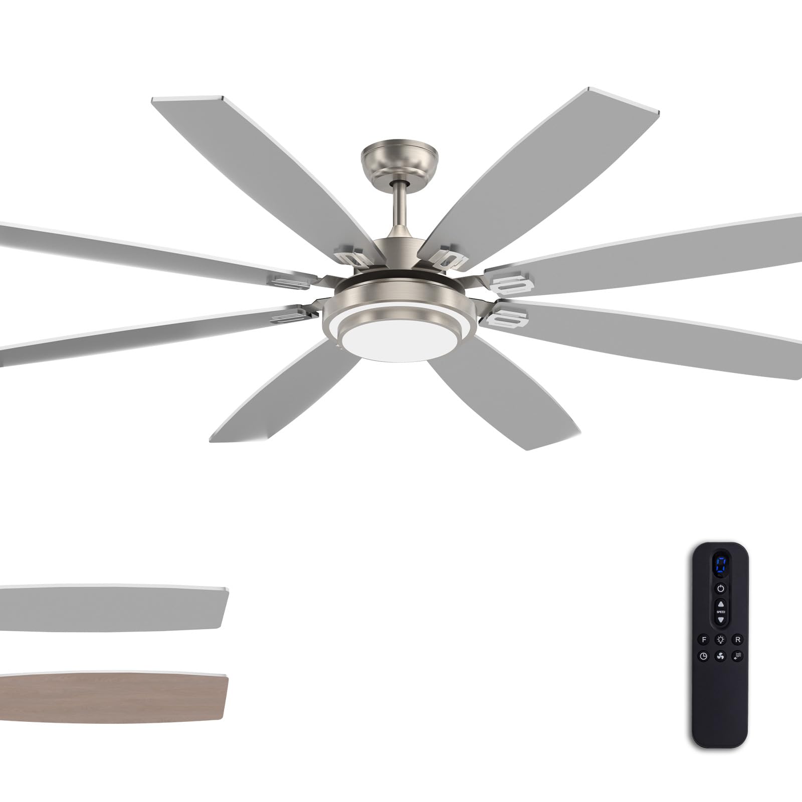 72 Inch Large Ceiling Fans With Lights And Remote Control, Modern Nickel Ceiling Fan With Quiet Reversible Dc Motor, Timer, 6 Sp