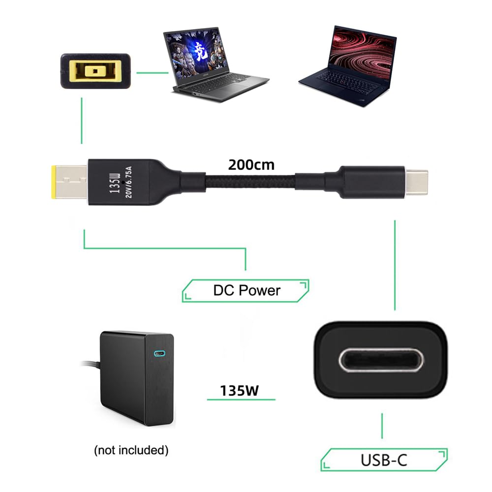 Cablecc 135W Dc20V 6.25A Usb-C Type-C To Dc Rectangle 11.0 * 4.5Mm Power Pd Charge Cable For Laptop