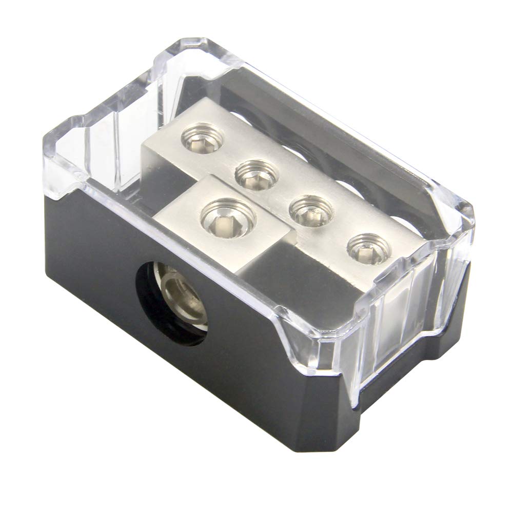Rkurck 4 Way Power Distribution Block, 0/2/4 Awg Gauge In, 4/8/10 Gauge Out, Car Audio Stereo Amp Distribution Connecting Block