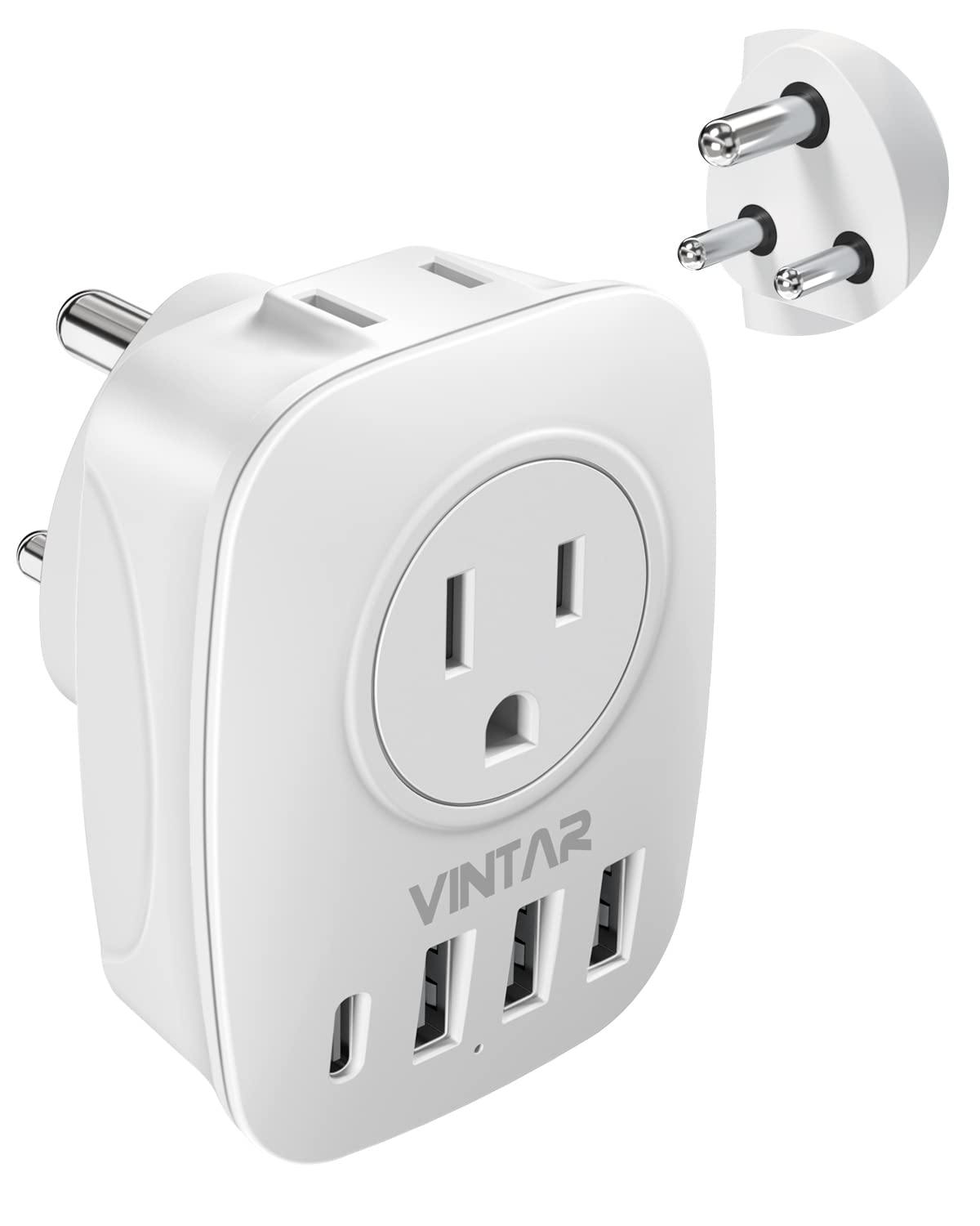 Us To India Plug Adapter,Vintar Type D Travel Adapter With 1 Usb C,3 Usb Ports And 2 American Outlets,6 In 1 India Power Adapter