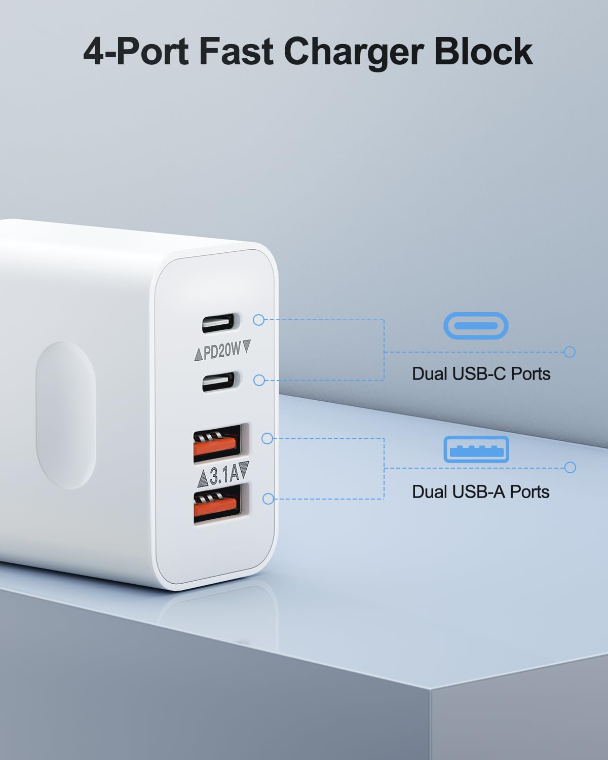 Usb C Charger Block [2 Pack], 40W 4 Port Type C Fast Charging Block Dual Usbc Power Adapter & Double Usb Wall Plug Multiport Bri