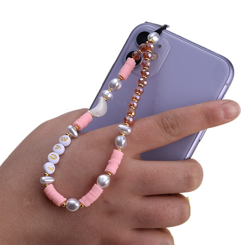 Sysuii Beaded Phone Lanyard Wrist Strap,Kawaii Love Heart Letters Star Moon Beaded Phone Charm Colorful Rainbow Phone Chain Stra