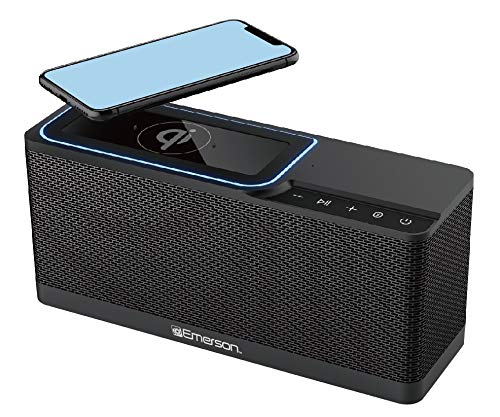 Emerson Er-Btw100 Portable Bluetooth Speaker With 20 Watt Stereo, Qi Wireless Charging, Hands Free Calling And Additional Usb Ch