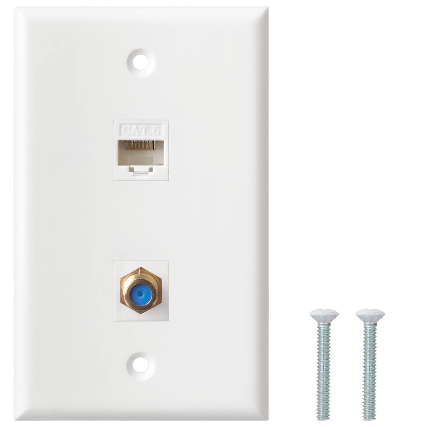 Ethernet Coax Wall Plate   Cat6 F Type Wall Plate, 1 Port Cat6 Keystone And 1 Port F Type Connector Coax Keystone   White