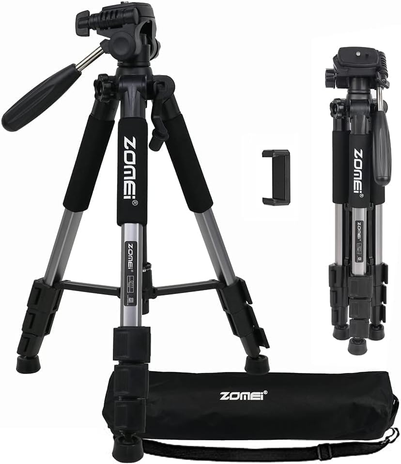 Camera Tripod, Zomei Q111 55 Inch Smartphone Tripod Flexible Aluminum Travel Tripod With 3 Way Pan Head And Phone Holder, For Photography Youtube Smartphones Cameras And Led Ring Light (Silver)