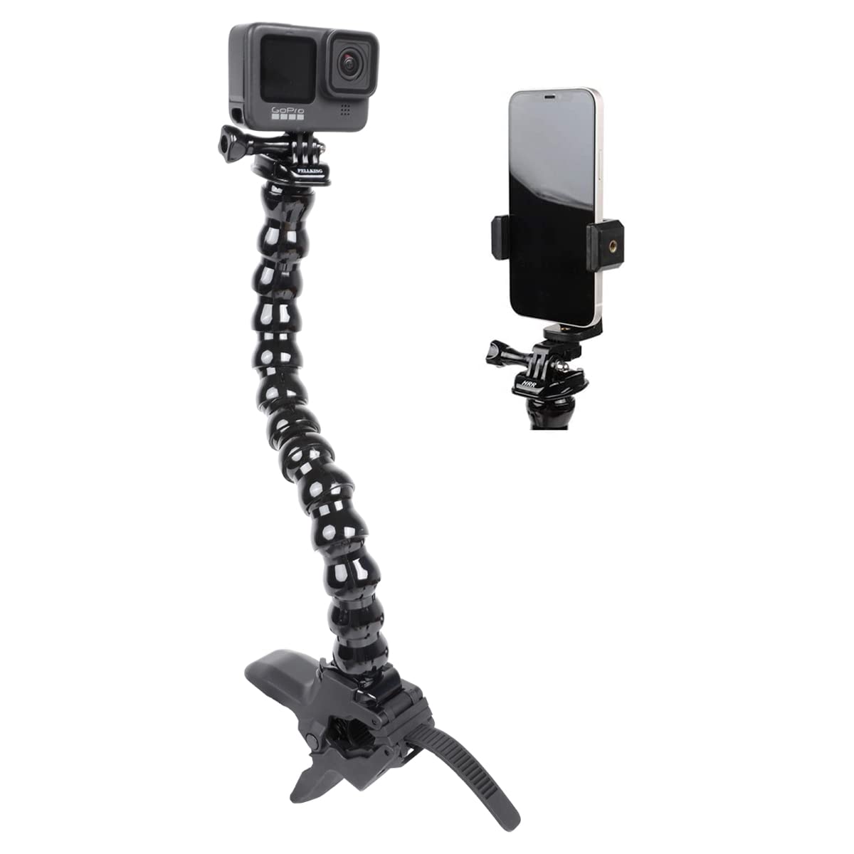Jaws Flex Clamp Smartphone Mount With Adjustable Gooseneck(13 Sections) Compatible With Iphone Samsung,And Gopro Hero 9,8,7,6,5,4, 3+, 2, 1, Dji Osmo Action Camera Mounts And Most Action Cameras