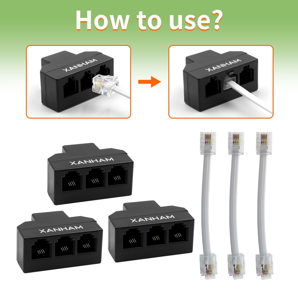 Xanham Rj11 Cable 3 Way Splitter(3 Pack) 6P4C Connector Phone Line Cord Adapter With 3 Inch Cable For Landline Telephone Wire, B