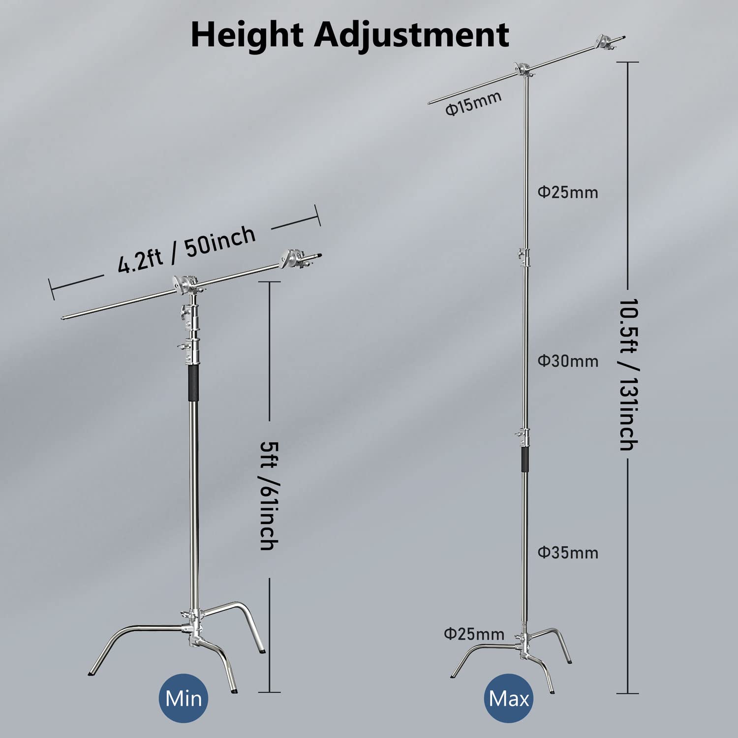 Photography C Stand With Boom Arm: 100% Stainless Steel   Takerers Bs11 Heavy Duty Max Height 10.5Ft/131Inch Light Stands (2 Pac