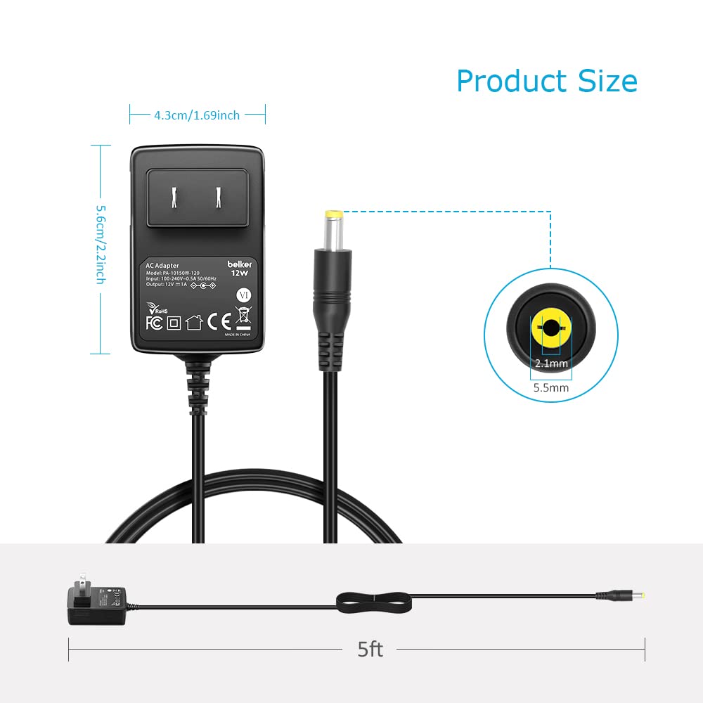 Belker 12V 1A Ac Dc Adapter Wall Charger Power Adapter Supply For 12 Volt Electronics   1000Ma Max.
