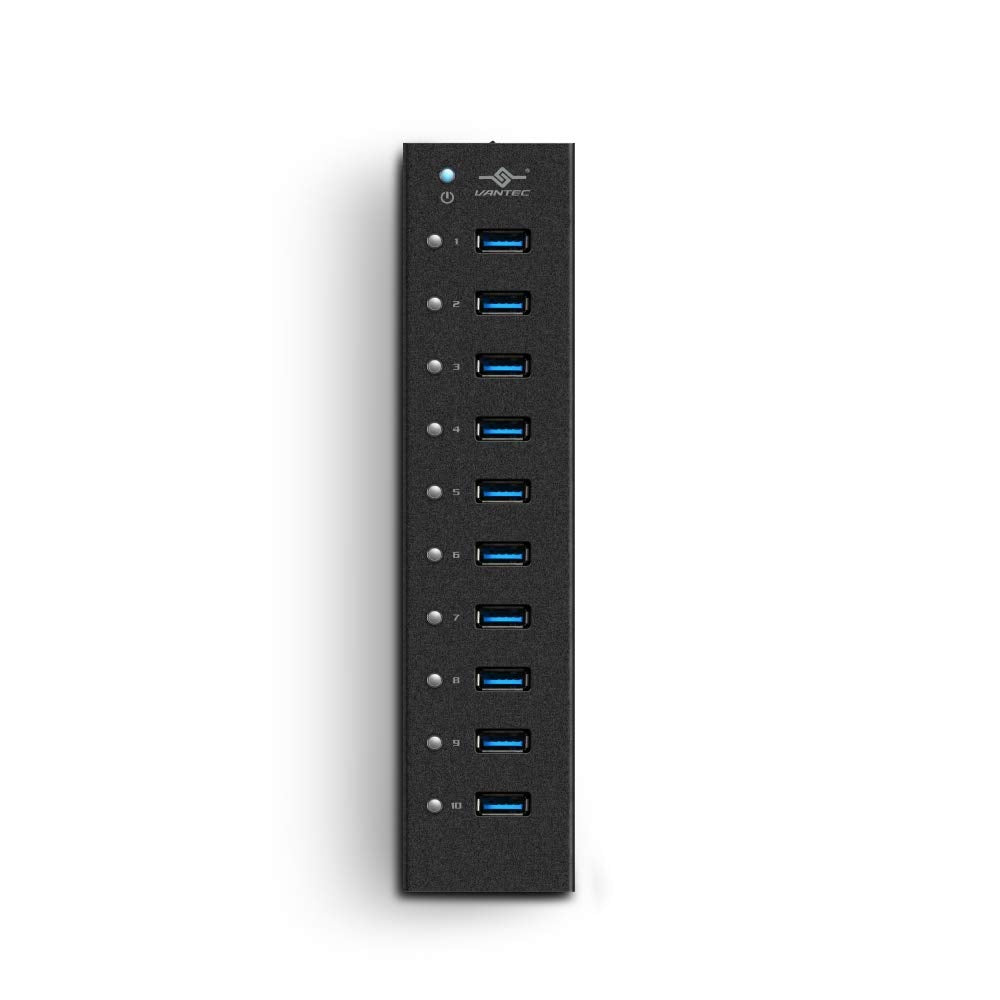 Vantec 10-Port Usb 3.0 Hub, Aluminum, Full Powered, Mountable, With All Ports Data & Charging Up To 1.5A, Bc 1.2, Premium 12V/5A