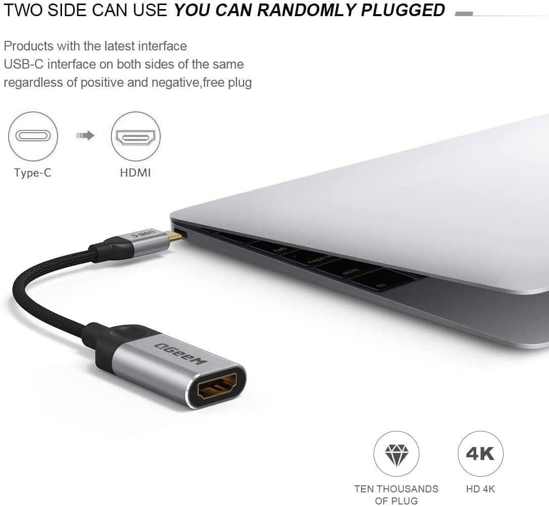 QGeeM USB C to HDMI Adapter 4K Cable, Thunderbolt 3/4, 1-Pack, Grey, Model XCHF02