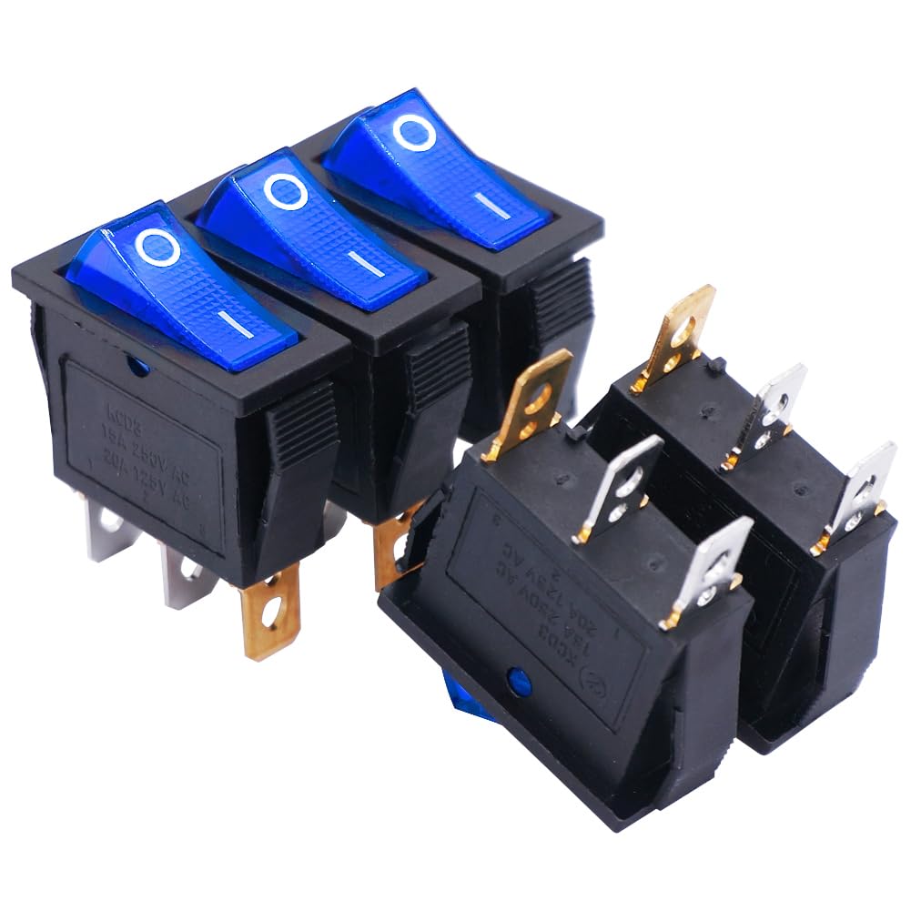 Twidec/5Pcs Rocker Switch Toggle Ac 20A/125V 15A/250V Spst 3 Pins 2 Position On/Off Blue Led Light Illuminated Boat Switch Kcd3
