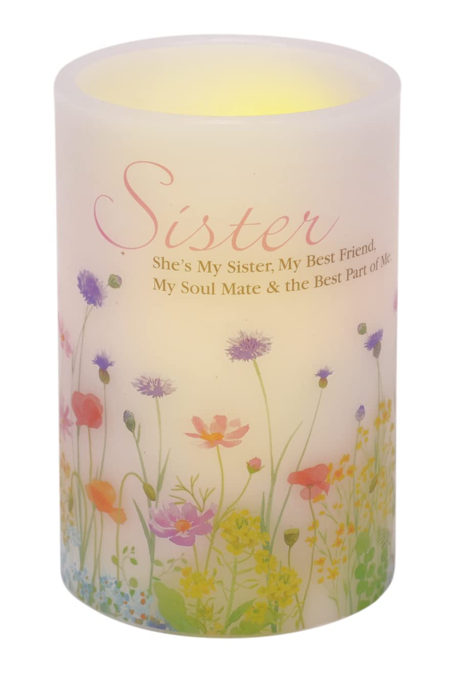 Mark Feldstein & Associates Inspirational Quote Floral Wax Led Flameless Pillar Candle, 4 X 6 Inch (Sister)