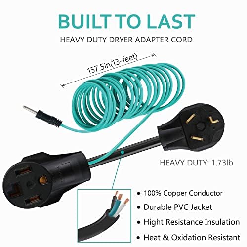 Boeemi 4 Prong To 3 Prong Dryer Adapter Cord Convert 4 Prong Dryer Plug To 3 Prong Wall Outlet, Nema 10 30P Male To 14 30R Femal