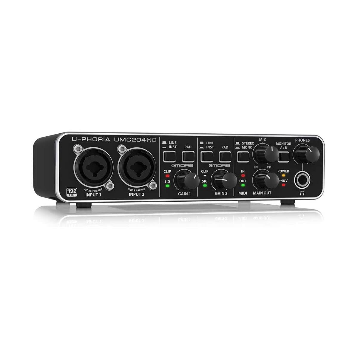 Behringer U Phoria Umc204Hd Audiophile 2X4 Usb Audio/Midi Interface With Midas Mic Preamplifiers, 24 Bit/192Khz Resolution