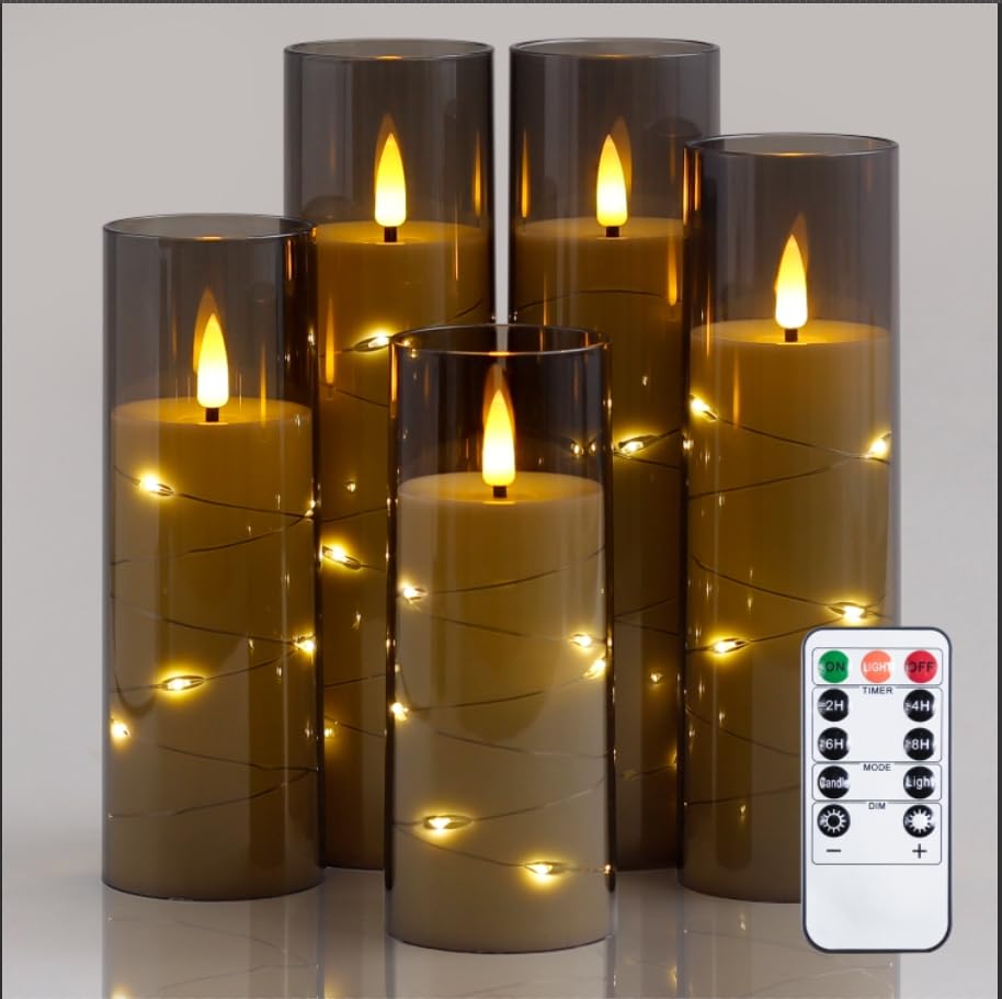 Zevanor Flameless Flickering 2.2'' X5'' 6'' 7'' 8'' 8'' Candles, Led Battery Operated Grey Clear Plastic Timer Pillar Realistic