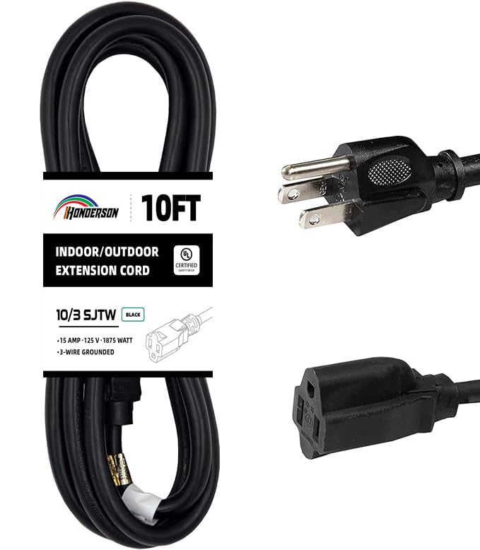 Honderson Indoor Outdoor Extension Cord Weatherproof, Ul Listed, 10 Gauge 10Ft Black 3 Prong Heavy Duty, 10/3 Sjtw 15A Power Cor