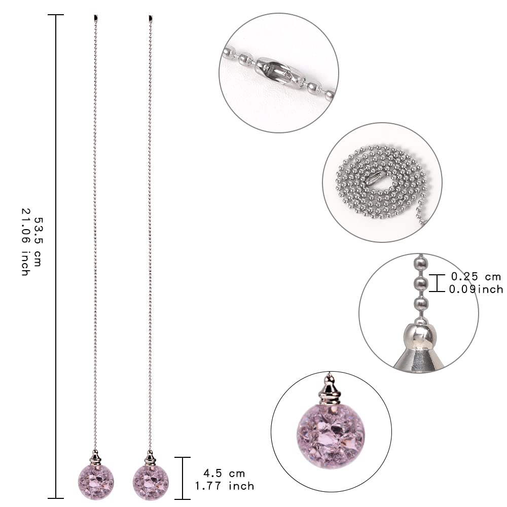 2Pcs Pink Pull Chain Crystal Glass Ice Cracked Ball Pull Chain For Ceiling Fan Light Decoration 50Cm Extension Chain