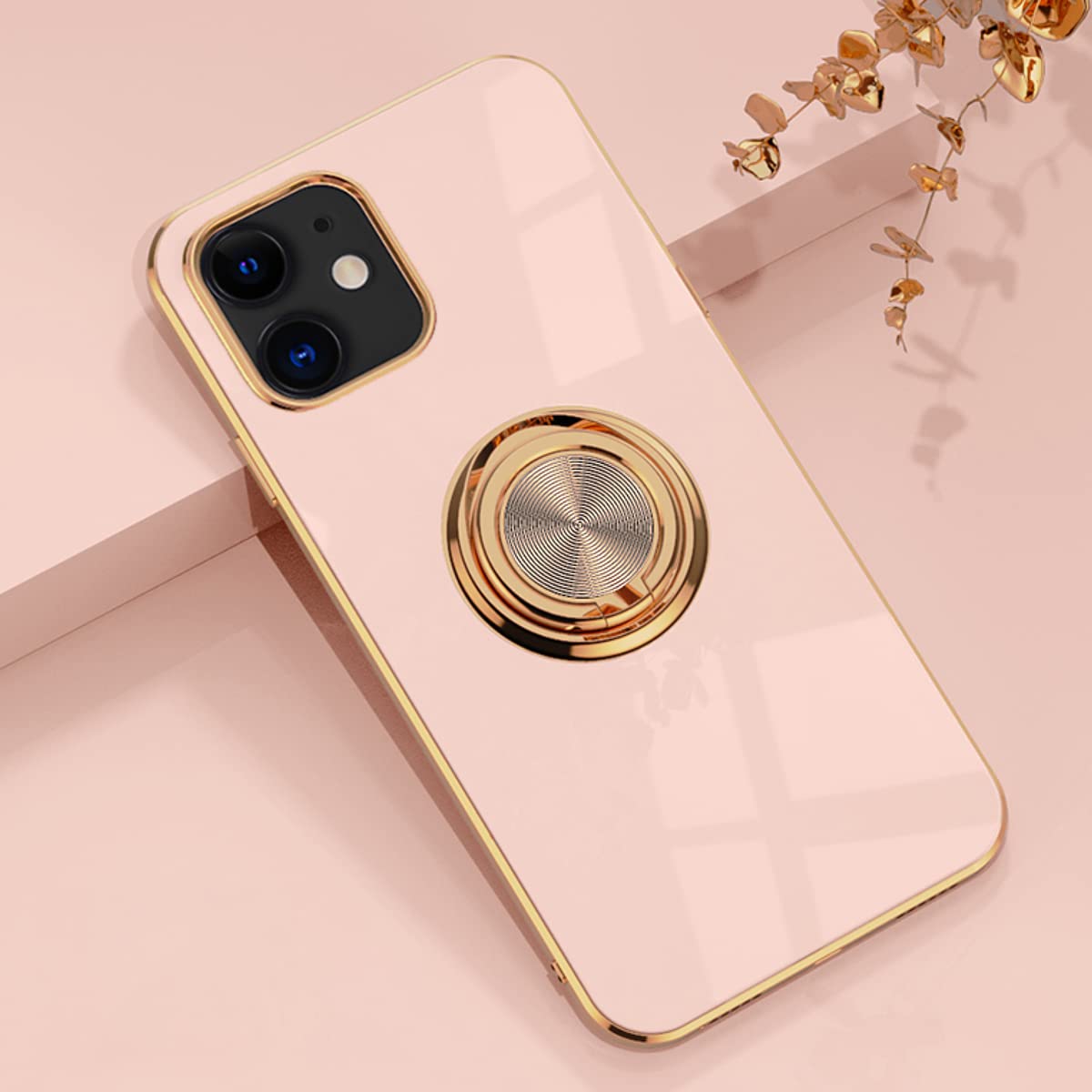 Aowner Compatible With Iphone 12 Case & Iphone 12 Pro Ring Holder Case Shiny Plating Rose Gold Edge 360 Degree Rotation Kickstan