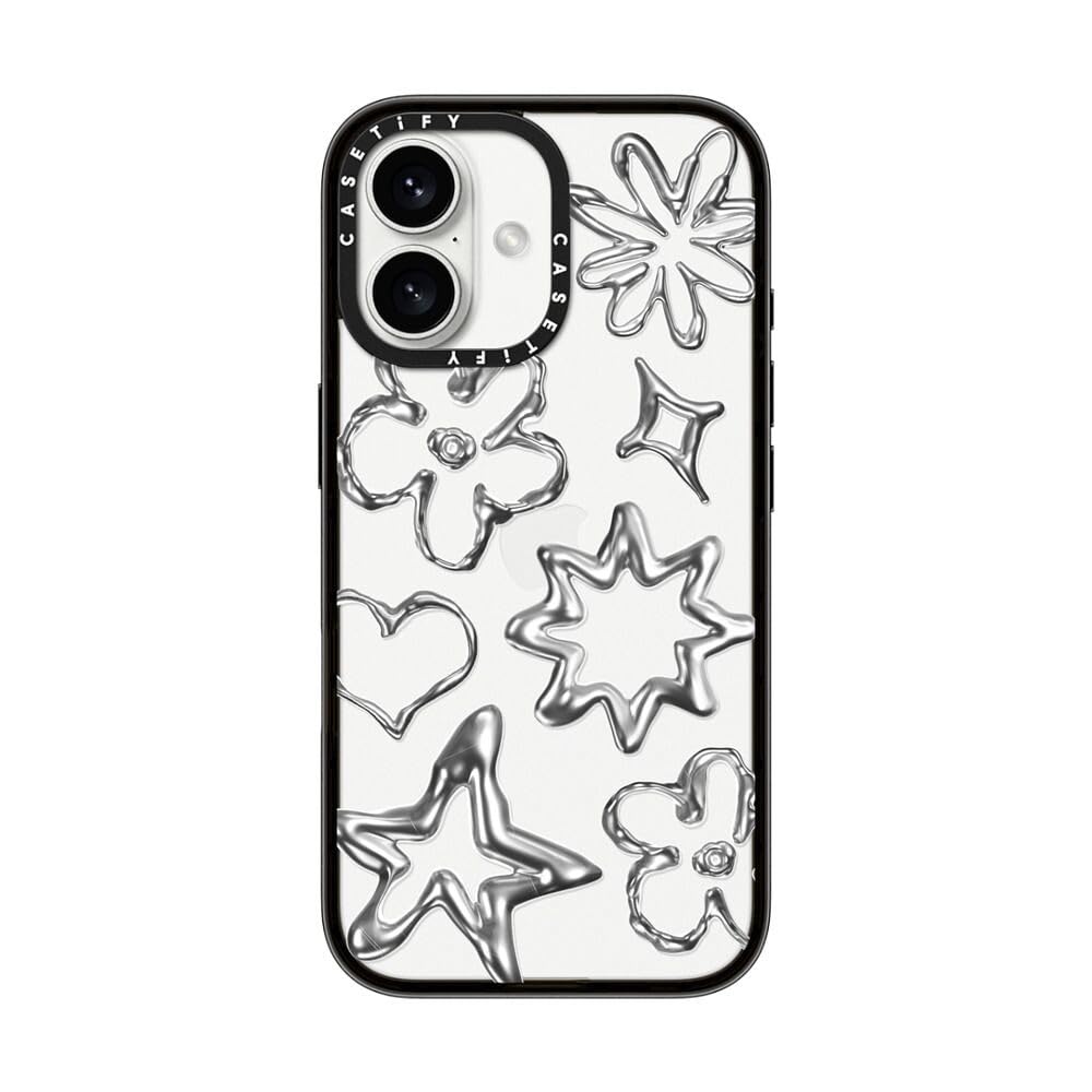 Casetify Compact Case For Iphone 16 [Lightweight / 4 Ft. 2X Military Grade Drop Protection/Slim]   Chrome Doodles   Clear Black